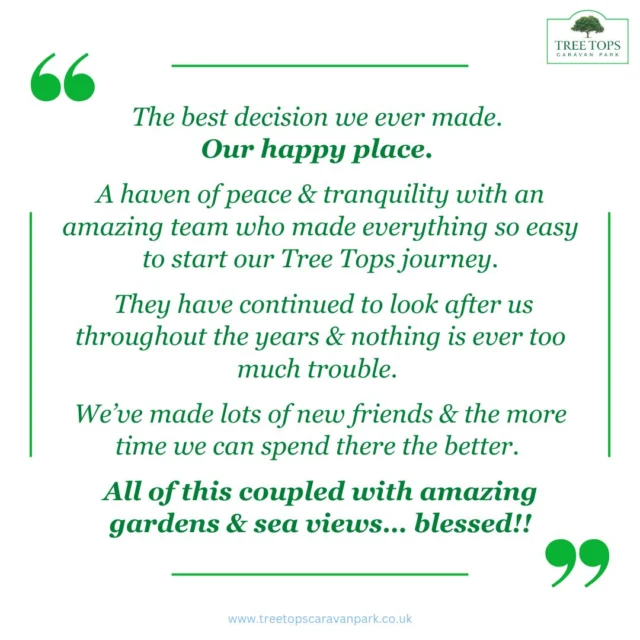 We're thrilled that Tree Tops is a happy place and a peaceful haven for our lovely Tree Toppers!☺️It really is a special place.#treetopscaravanpark #staticcaravansforsalenorthwales #preownedcaravansforsale #caravanparknorthwalescoast #northwalesholidays